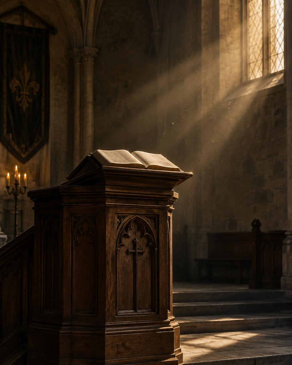 A carved wooden pulpit with an open Bible, lit by a shaft of morning light